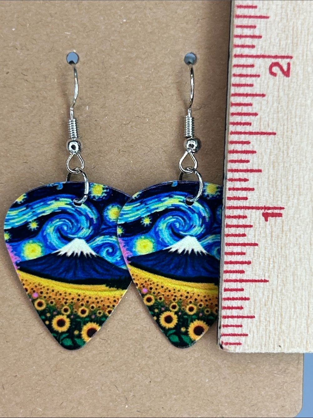 Custom Guitar Pick Starry Sky Mountain Sunflower Earrings Fashion Jewelry - Picture 2 of 4